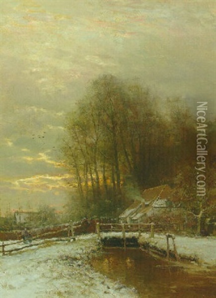 A Winter Landscape With A Peasant Woman And Child On A Snowy Path At Sunset Oil Painting - Louis Apol