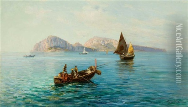 Meisterliche Schilderung Der Ansicht Von Capri Mit Fischern Und Segelbooten Im Vordergrund Oil Painting - Bernardo Hay