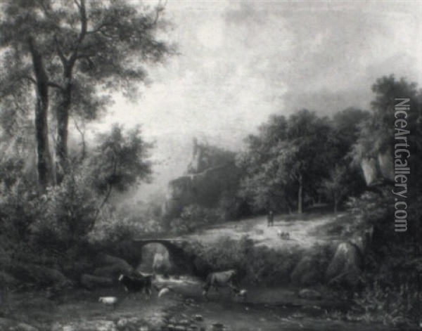 Wooded Hilly Landscape With A Herdsman And Cattle Fording A Stream Oil Painting - Johann Bernard Klombeck