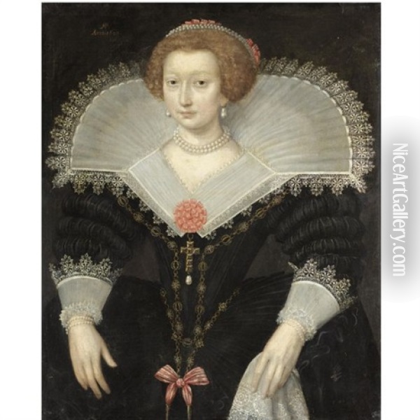 A Portrait Of A Lady, Three-quarter Length, Wearing A Black Dress And White Lace Collar Oil Painting - Frans Pourbus the Elder