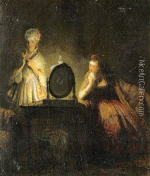 Ung Pige Der Pynter Sig Roan Toiletspejlet, Hendes Veninde Ser Beundrende Pa Oil Painting - Frans (Johan Georg F.) Schwarz