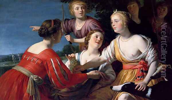Diana Resting After The Hunt, With Shepherdesses And Two Greyhounds, A Landscape Beyond Oil Painting - Gerrit Van Honthorst