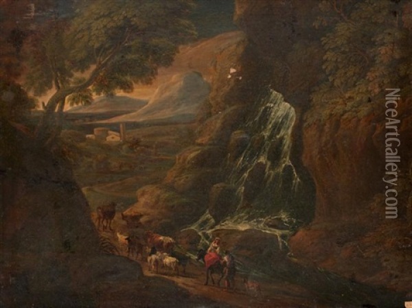 Couple De Paysans Conduisant Leur Troupeau Pres D'une Cascade Oil Painting - Philips Augustyn Immenraet