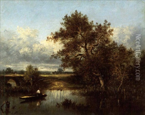 A River Landscape With A Figure In A Boat Oil Painting - Jules Dupre