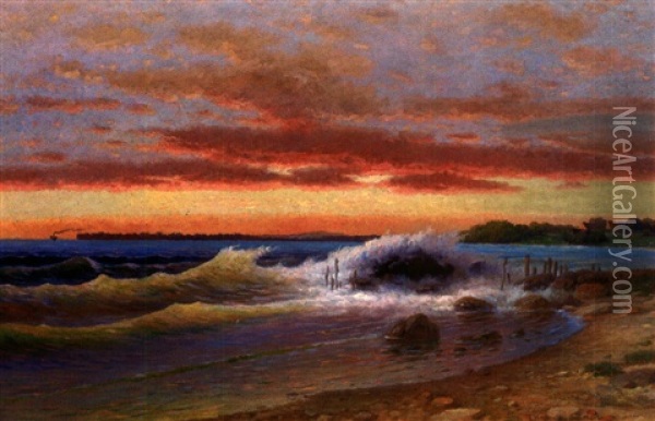 Brandung Am Abendlichen Bodenseeufer In Der Bucht Von Nonnenhorn Oil Painting - Paul Heitinger