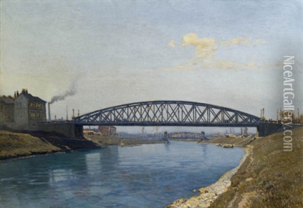Der Donaukanal Mit Heiligenstadter Brucke Und Doblinger Steg Oil Painting - Thomas Leitner