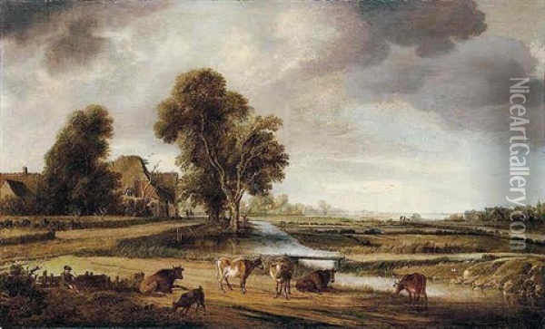 A River Landscape With A Herder Tending His Cattle Near Some Houses Oil Painting - Aert van der Neer