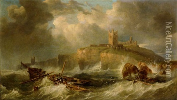 A View Of Dustanburgh Castle, North Of Alnwick, A Ruin On The Northumberland Coastline Oil Painting - John Wilson Carmichael