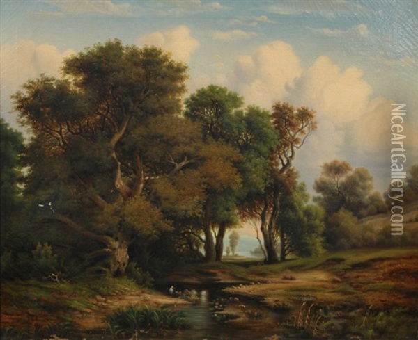 Idyllic Forest With Beck Oil Painting - August Wilhelm Wedeking