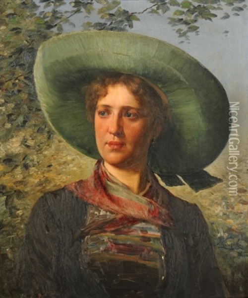 Junge Frau Mit Grossem Hut Oil Painting - Josef Kinzel