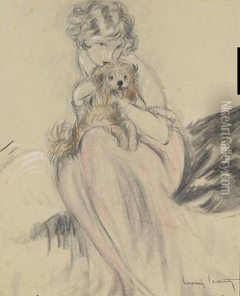 Girl With Terrier Oil Painting - Louis Icart