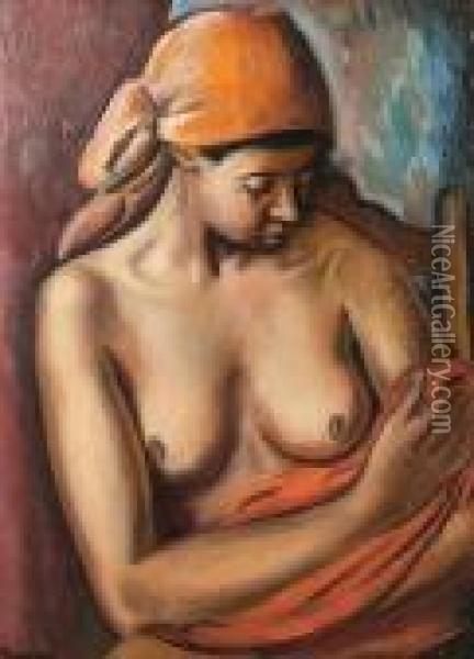 Female Nude, Seated, Wearing A Head Scarf Oil Painting - Bernard Meninsky