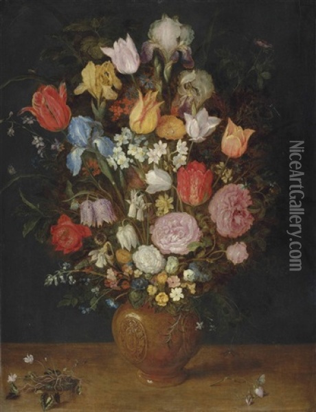 Irises, Roses, Tulips, Narcissae, Cardamine, Cyclamen, Hyacinths, Calendula, Eranthis And Other Flowers In A Vase On A Ledge Oil Painting - Jan Brueghel the Elder