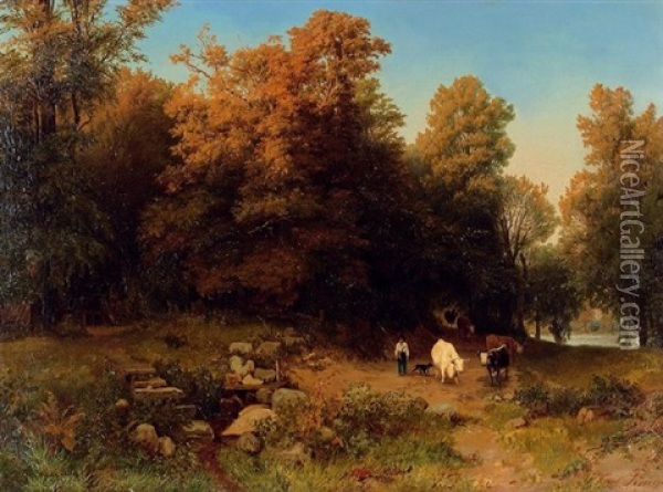 Markische Waldpartie Mit Kleinem Kuhhirt Beim Heimtrieb Oil Painting - Carl (Johann Heinrich) Kruger