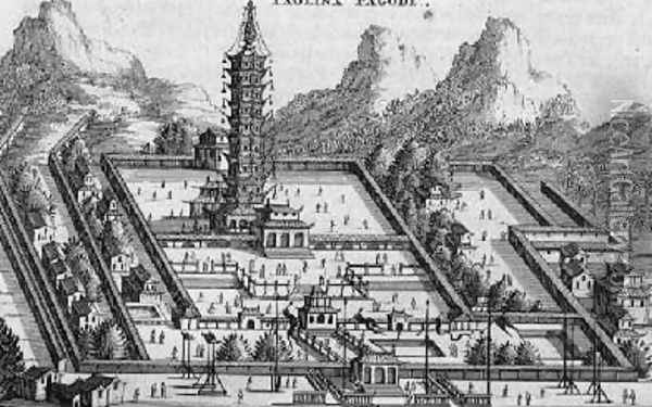 The Paolinx Pagoda from an account of a Dutch Embassy to China 1665 Oil Painting - Jacob van Meurs