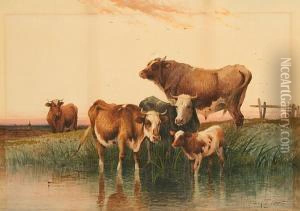 Cows Watering At A Riverside, An Extensive Landscape With View Of Town Beyond Oil Painting - Frederick E. Valter