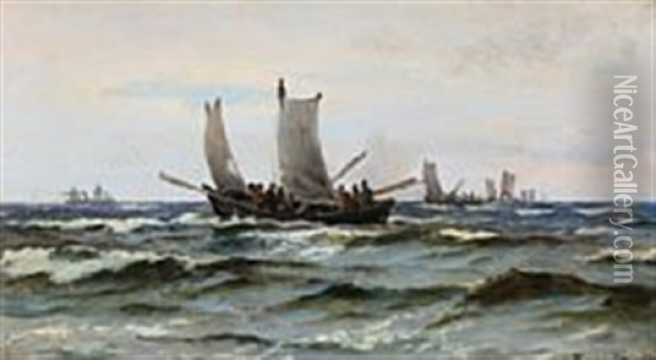 Fishermen At Sea Oil Painting - Carl Ludvig Thilson Locher
