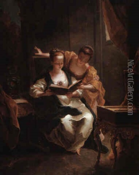 Two Girls Singing In An Elegant Interior Oil Painting - Jean Raoux