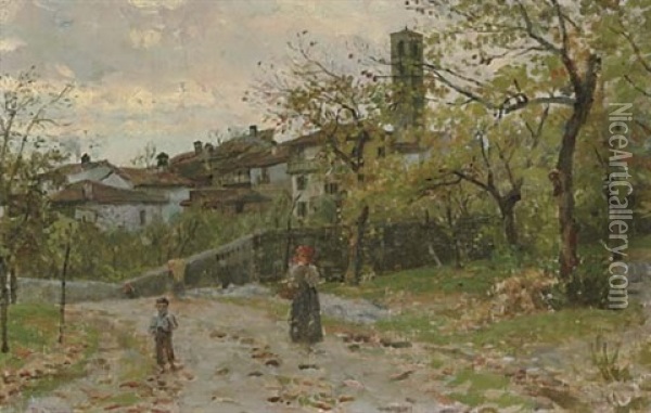 A Woman And Child On A Path Outside A Village Oil Painting - Bartolomeo Giuliano