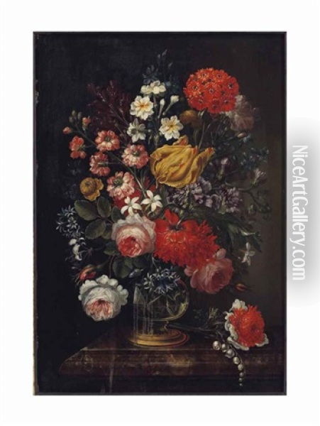 Flowers In Crystal Vases (a Pair) Oil Painting - Caspar Hirschel