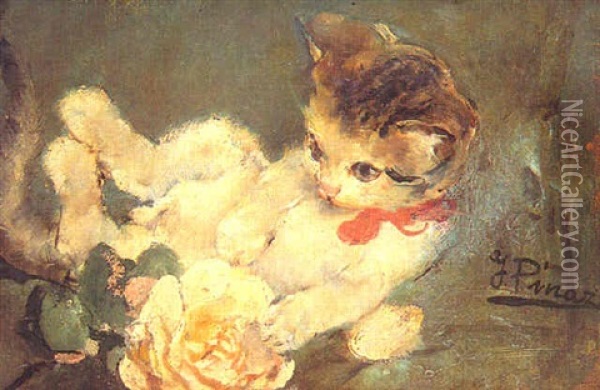 Gatito Jugando Con Una Rosa Oil Painting - Ignacio Pinazo Camarlench