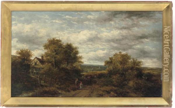 Figures On A Path With Cattle Beside A Bridge Oil Painting - Patrick, Peter Nasmyth