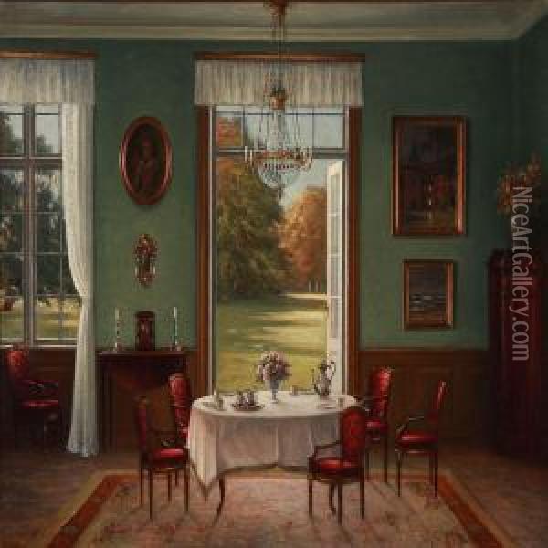 Interior From A Drawing Room With Open Doors To A Park Oil Painting - Hans Hilsoe