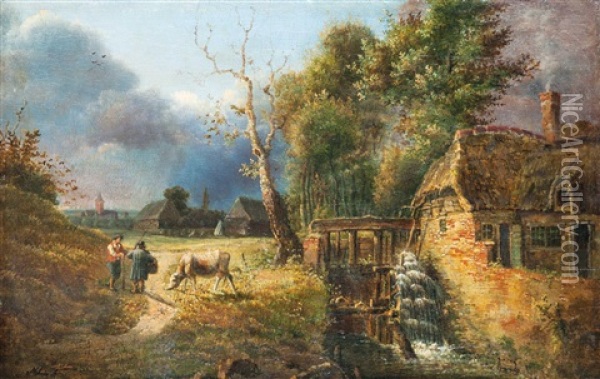 Watermill With Shepherds Oil Painting - Jozsef Molnar