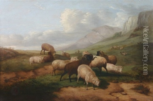 A Flock Of Sheep And Rams In A Landscape Oil Painting - Charles Jones