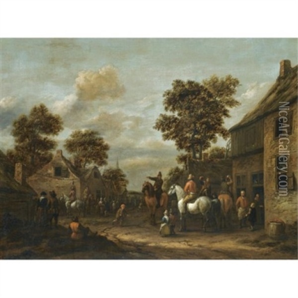 A Village Scene With Cavaliers And Other Figures Before A Tavern Oil Painting - Barend Gael