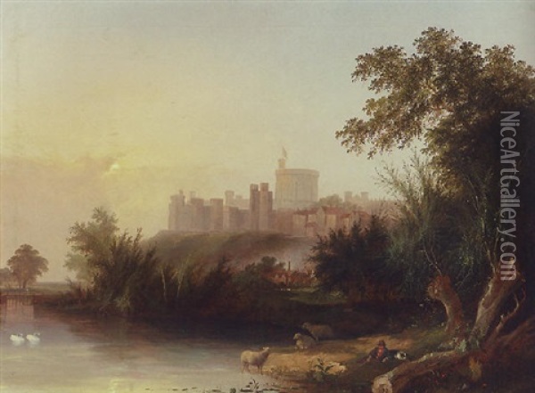 A Shepherd With His Flock On The Thames, Windsor Castle Beyond Oil Painting - Henry John Boddington