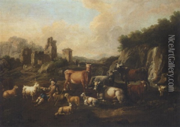 A Landscape With A Drover, Cattle And Goats Beside A Waterfall And Ruins Oil Painting - Cajetan Roos