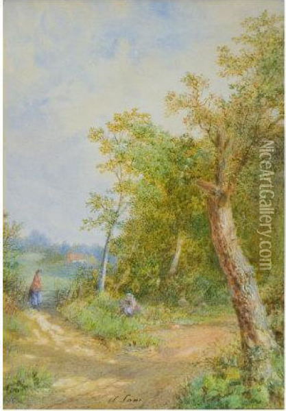 Country Lanewith Cottage In Distance, Woman Picking Flowers Oil Painting - Albert Lane