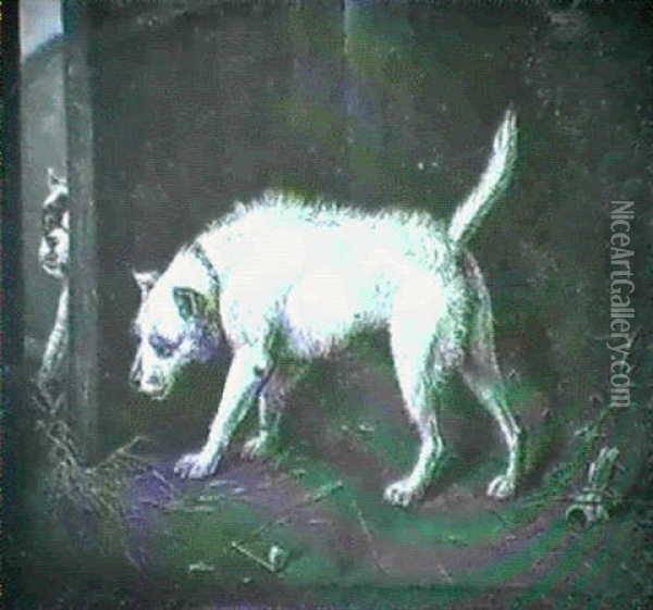 A Terrier In A Kennel, With Another Behind An Open Door & Terriers Fighting Oil Painting - George Armfield