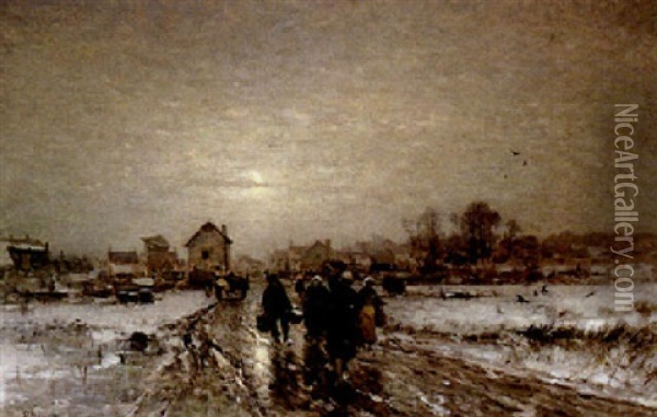 Peasants In A Winter Landscape Oil Painting - Ludwig Munthe