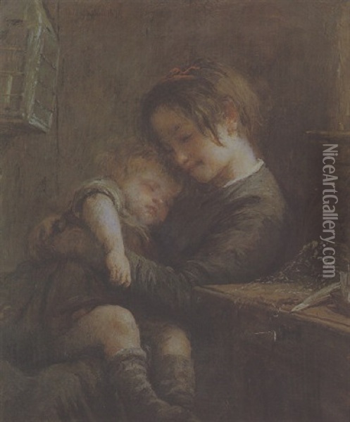 Fillette Et Son Petit Frere Oil Painting - Adolphe Felix Cals