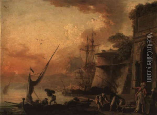 Le Lever Du Soleil: Bateau Devant Des Marchands Dans Un Port Mediterraneen Oil Painting - Charles Francois Lacroix