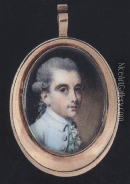 A Gentleman Wearing Pale Blue Coat, Pale Green Waistcoat, White Stock And Frilled Cravat, His Hair Powdered And Worn En Queue Oil Painting - George Engleheart