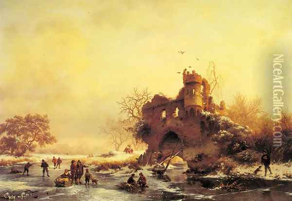 Winter Landscape with Skaters on a Frozen River beside Castle Ruins Oil Painting - Frederik Marianus Kruseman