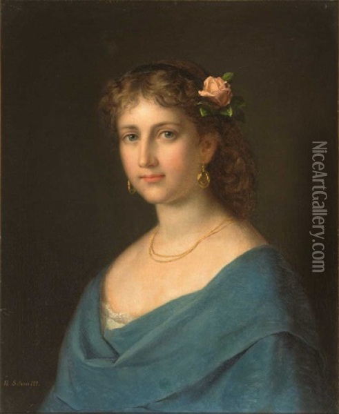 Portrait Einer Reizenden Jungen Frau, Eine Rosenblute Im Haar Oil Painting - Nathaniel Schmitt