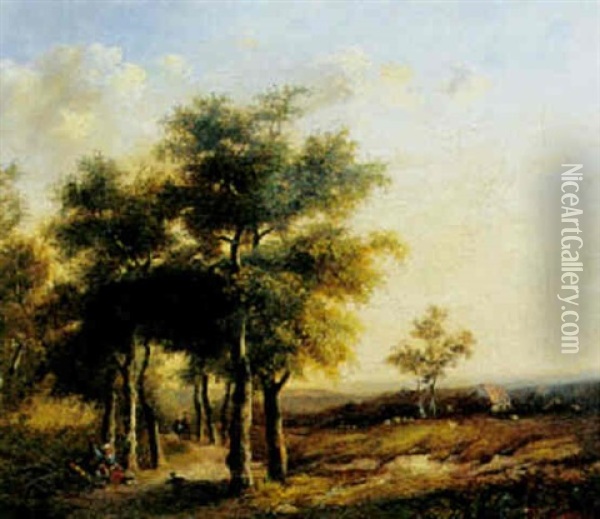 Landskab Med Mennesker Og Dyr Under Hoje Traeer Oil Painting - Barend Cornelis Koekkoek