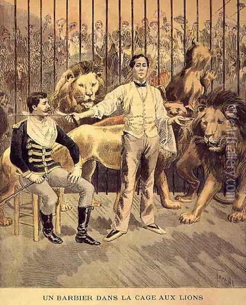 A Barber in the Lions Cage, 1894 Oil Painting - Oswaldo Tofani