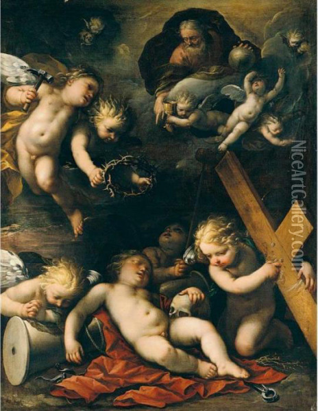 The Sleeping Christ Child, God The Father, And Putti With The Instruments Of The Passion Oil Painting - Carlo Francesco Nuvolone