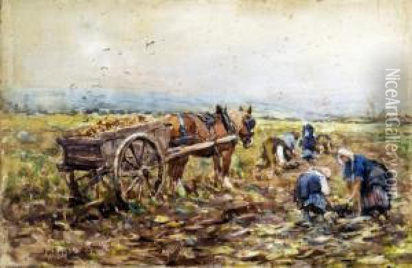 Gathering The Harvest, With Cart Horse Oil Painting - James William Booth