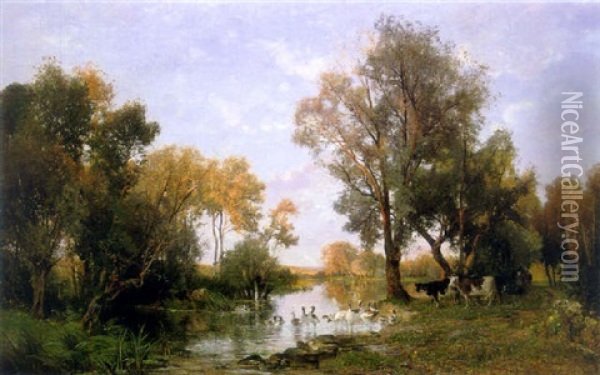 Ducks Bathing In A River Oil Painting - Jacques Alfred Brielman