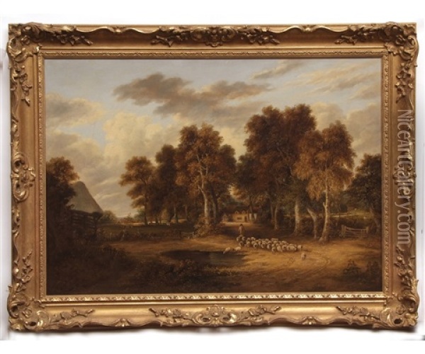 Extensive Wooded Landscape With Shepherd And Sheep And In Lane Oil Painting - Samuel David Colkett