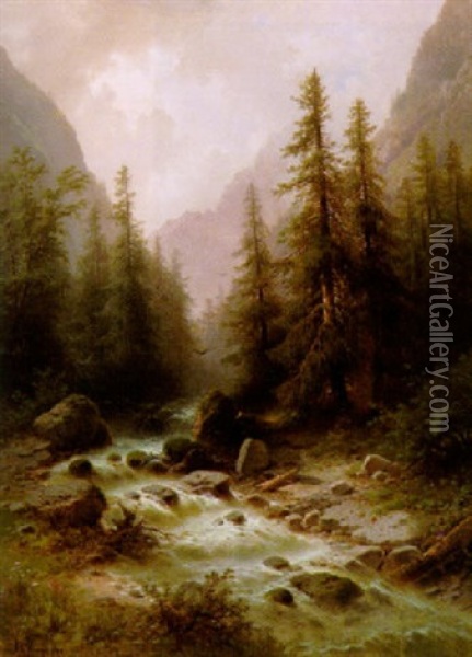 Wildwasser In Einem Alpental Oil Painting - Albert Rieger