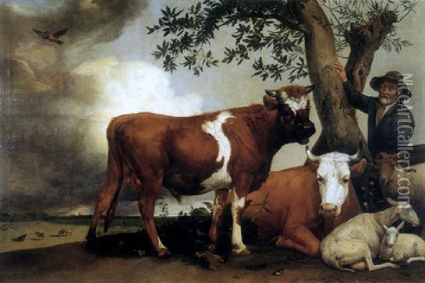 An Extensive Landscape With A Standing Bull, A Cow And A Sheep Resting, With A Herder In The Foreground Oil Painting - Paulus Potter