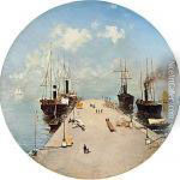 Barche Sul Molo A Trieste Oil Painting - Guido Grimani