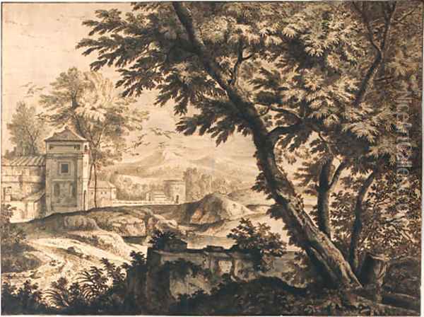 Trees by a ruined wall near a dovecote by a cloister Oil Painting - Isaac de Moucheron